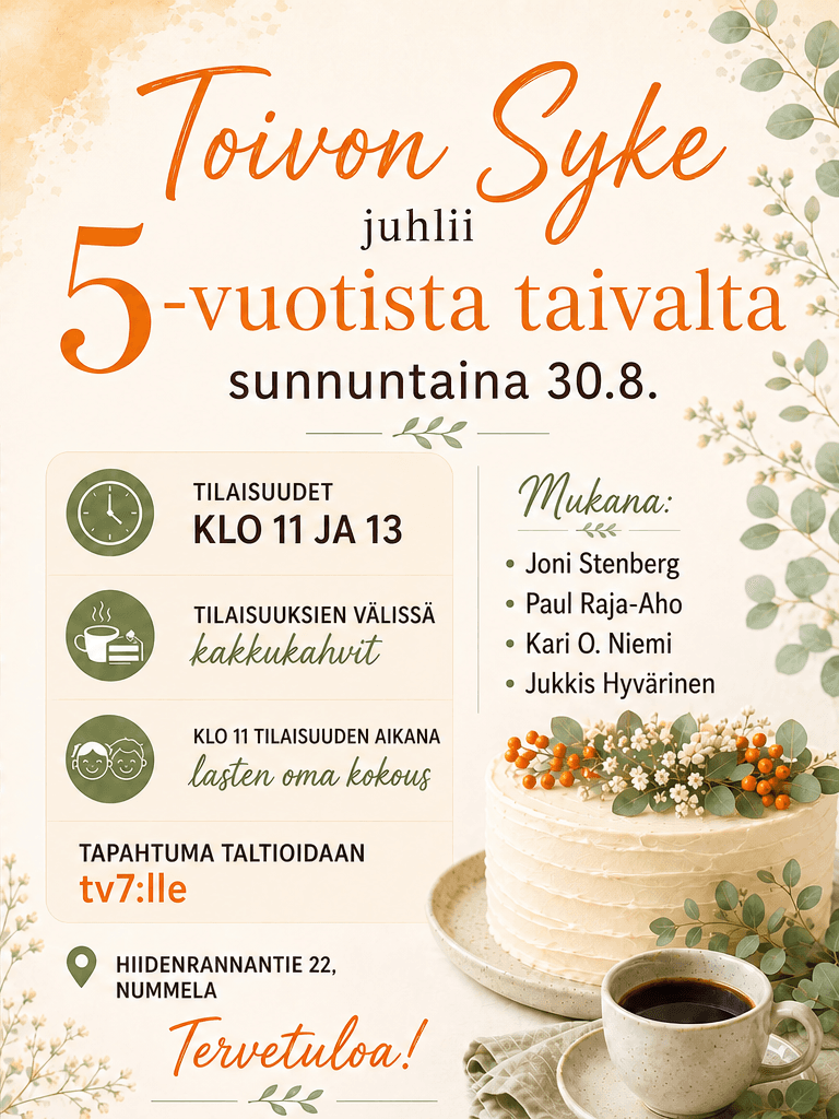 Toivon Syke juhlii 5-vuotista taivalta sunnuntaina 30.8.